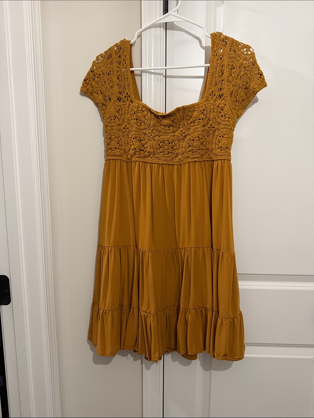 SO Mustard Crochet Yoke Tiered Mini Dress